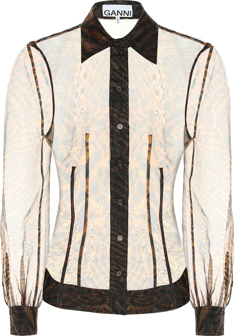 Ganni Printed sheer organza shirt