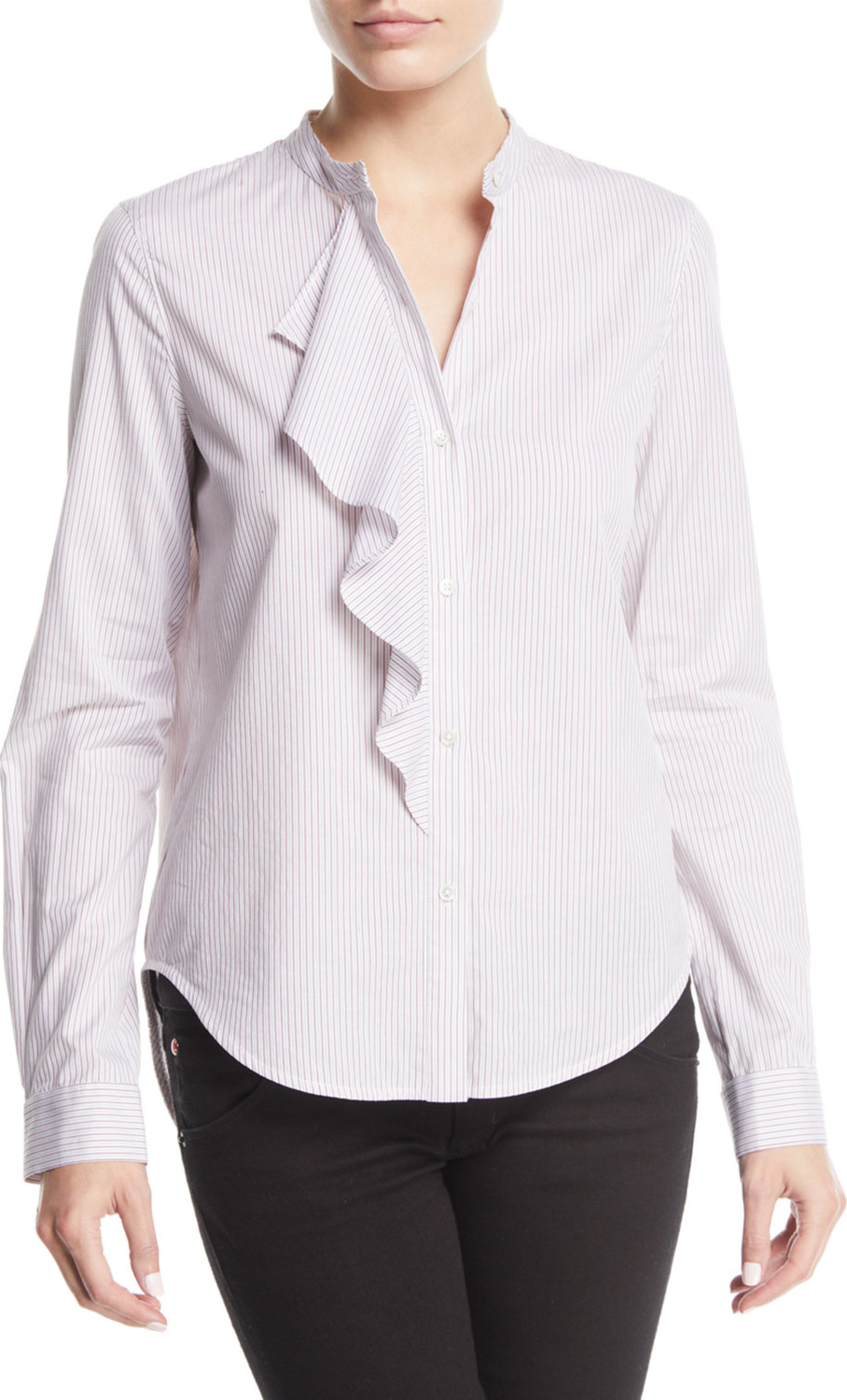 Derek Lam 10 Crosby Striped Long-Sleeve Ruffle Button-Front Shirt