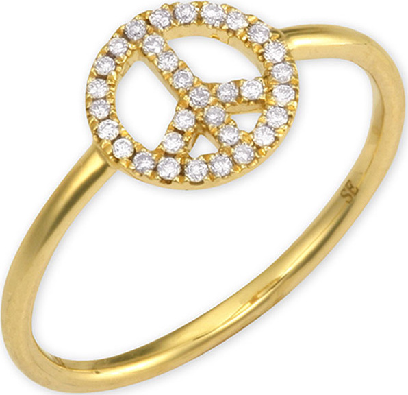 Sydney Evan 14k Gold Diamond Peace Sign Ring, size 6.5
