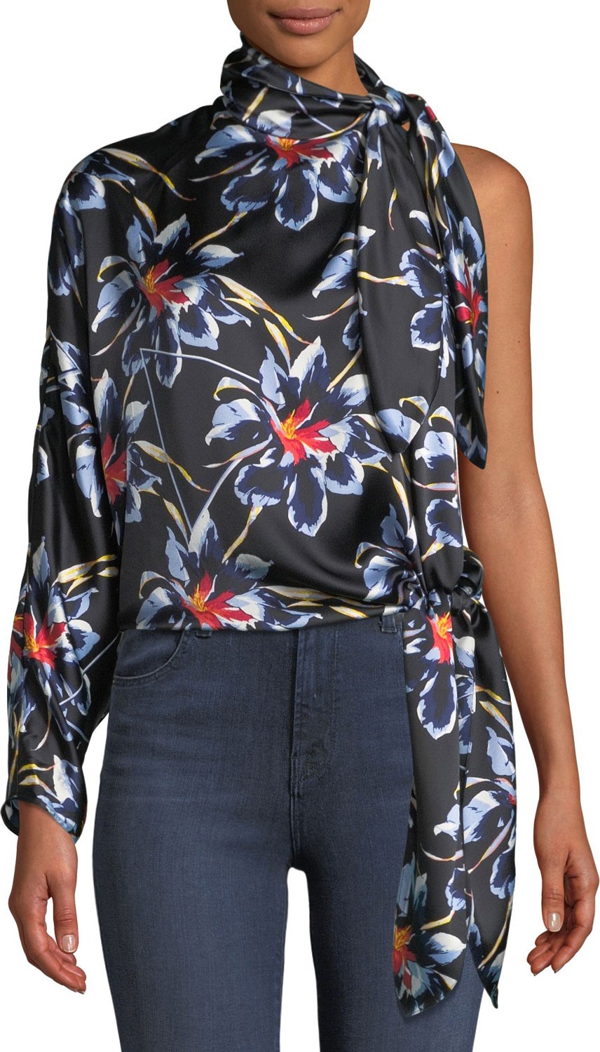 DIANE von FURSTENBERG One-Shoulder Silk Floral Knotted Blouse