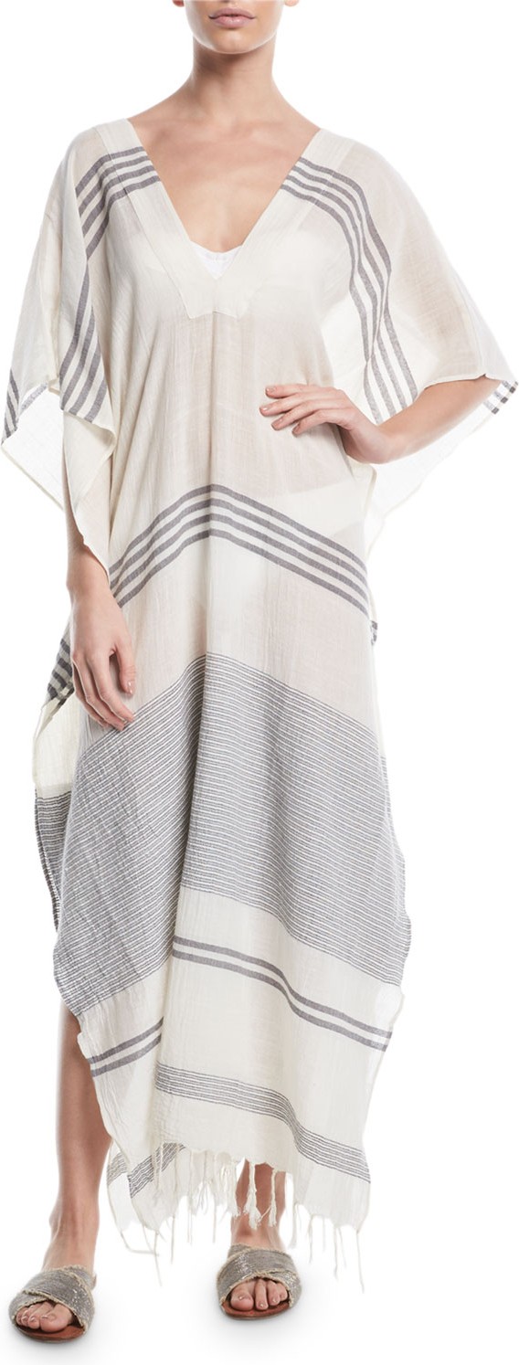 Pondicherie Kyra Striped V-Neck Long Caftan with Fringe
