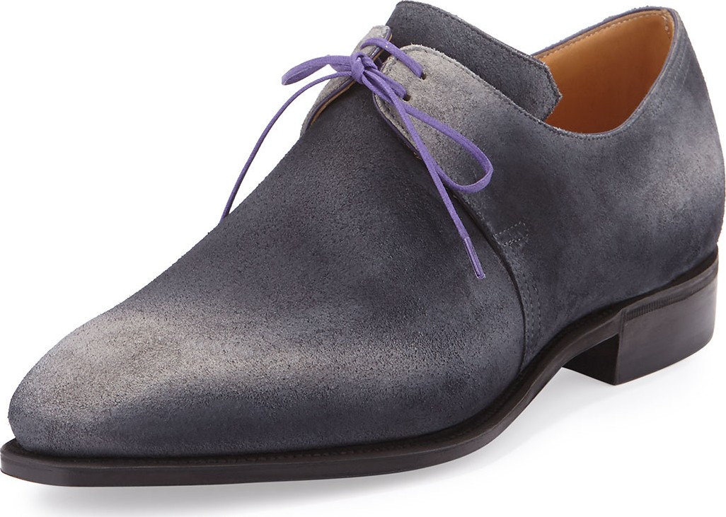 Corthay Arca Suede Derby Shoe with Flint Patina & Purple Piping, Grey
