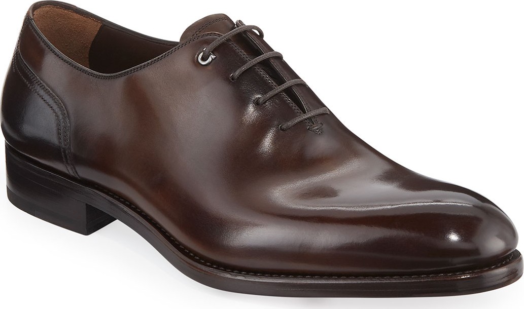 Salvatore Ferragamo Men's Barclay Burnished Tramezza Leather Lace-Up Oxford, Brown