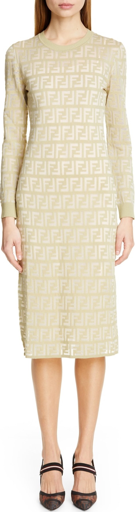 Fendi Long Sleeve Logo Jacquard Sweater Dress