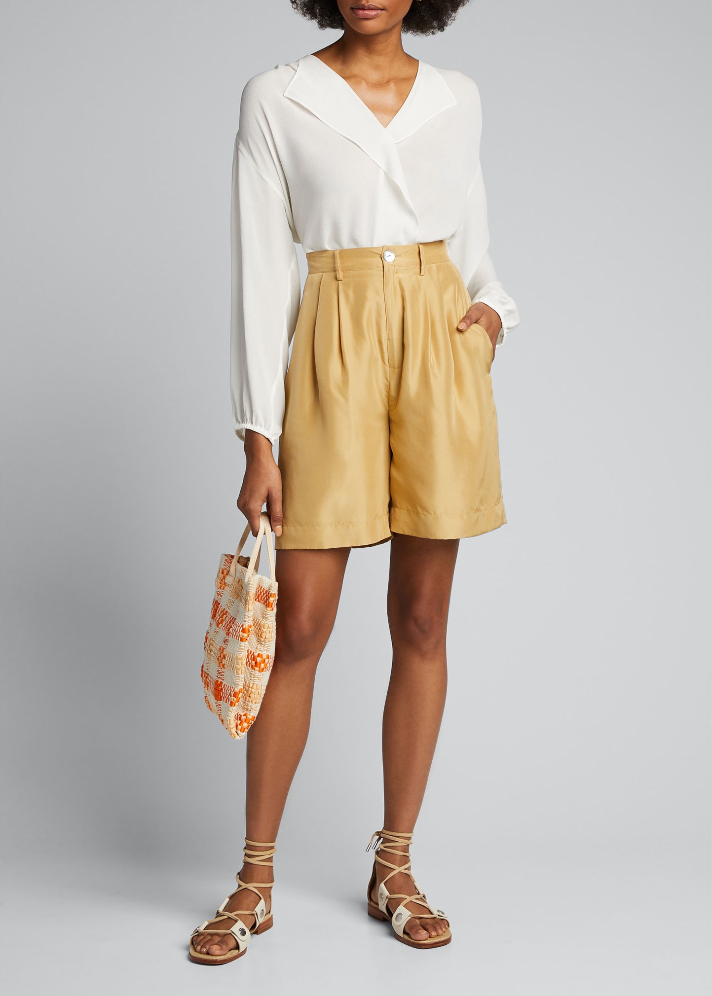 Vince Shirred Long-Sleeve Silk Crepe Popover Blouse