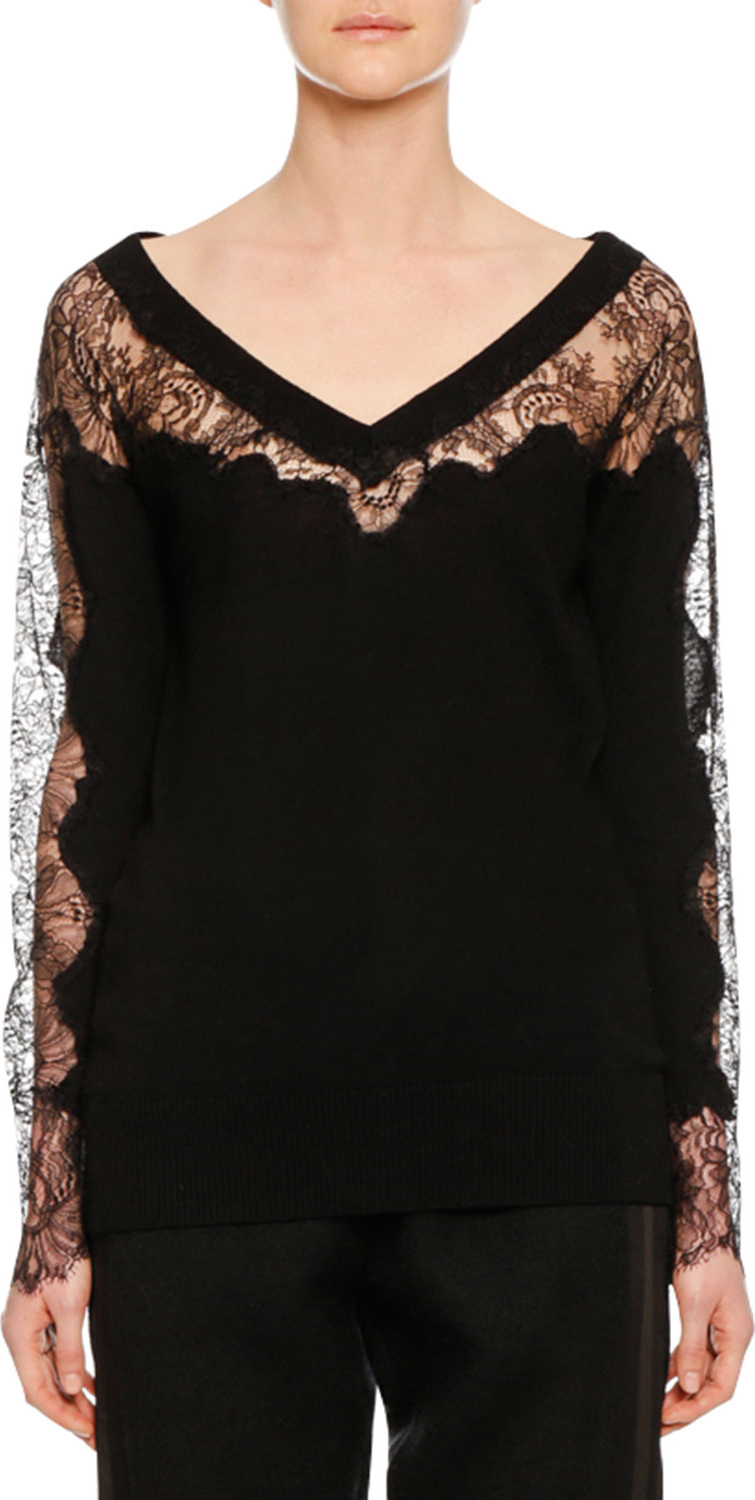 Ermanno Scervino V-Neck Long-Sleeve Lace-Inset Wool Sweater