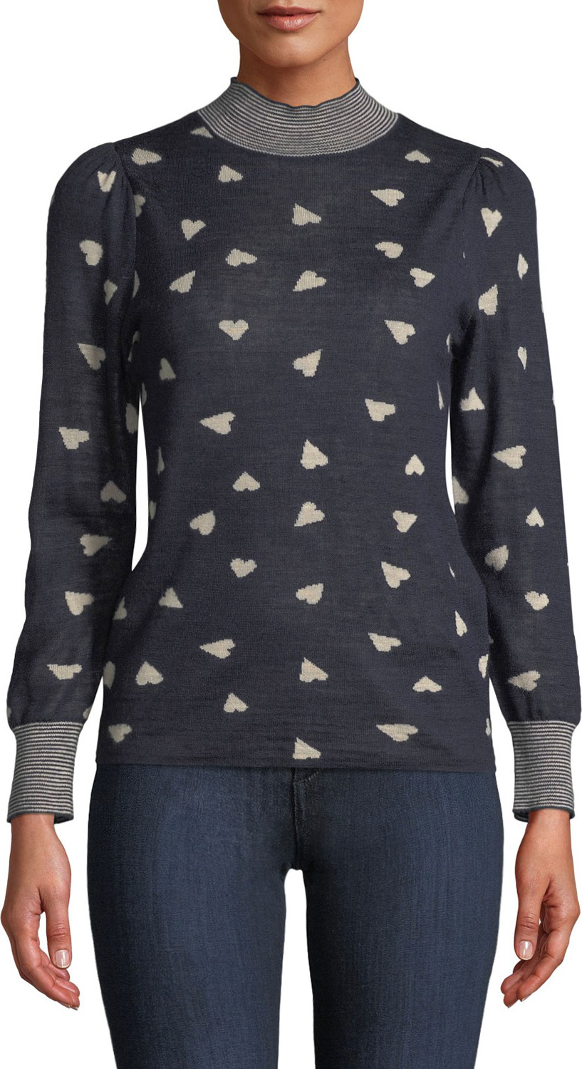 Rebecca Taylor Mock-Neck Heart-Jacquard Pullover Sweater w/ Striped Neck & Cuffs