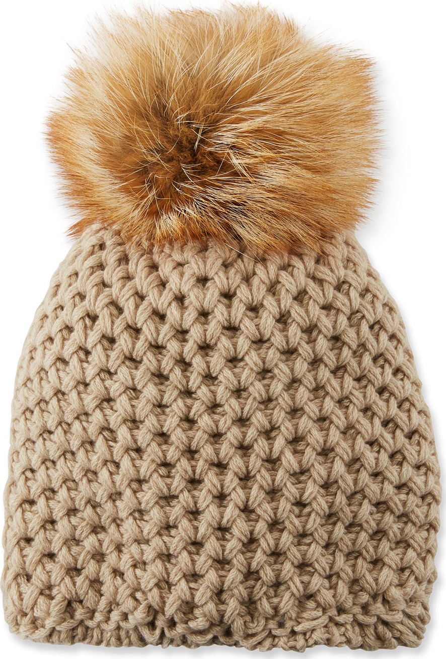 Inverni Cashmere Beanie Hat w/ Fur Pompom