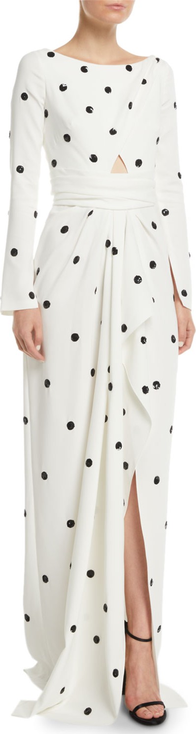 Oscar De La Renta Long-Sleeve Bateau-Neck Drape-Front Sequin Polka-Dot Silk Georgette Gown
