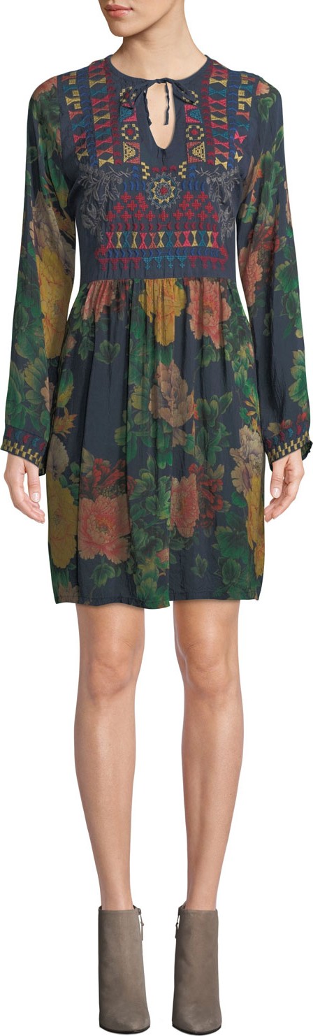Johnny Was Bayani Floral-Print Tunic Dress w/ Embroidery