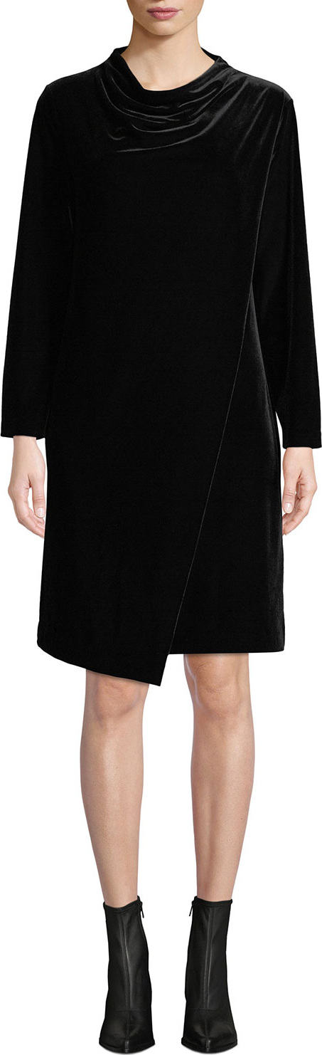 Joan Vass Long-Sleeve Draped-Front Velvet Dress w/ Side Pockets