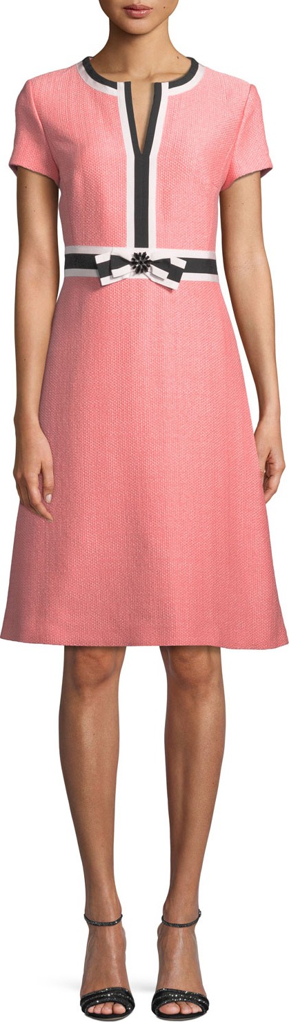 Escada Short-Sleeve Fit-and-Flare Tweed Dress w/ Grosgrain Bow