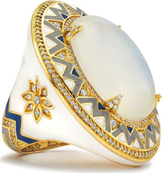 Buddha Mama 20k Moonstone, Diamond & Enamel Ring, Size 7.5