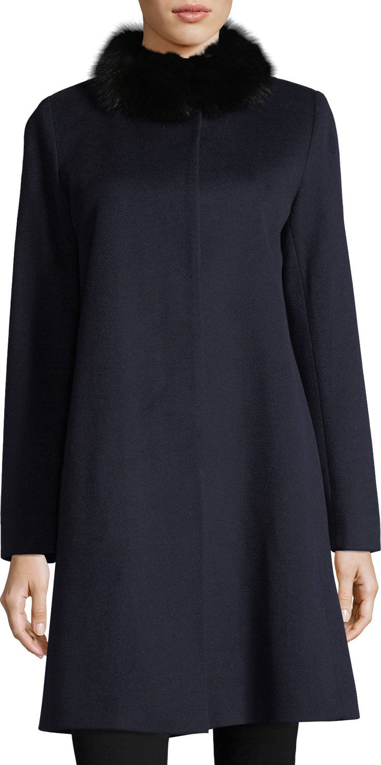 Fleurette Button-Front Fur-Trimmed Collar Wool Coat