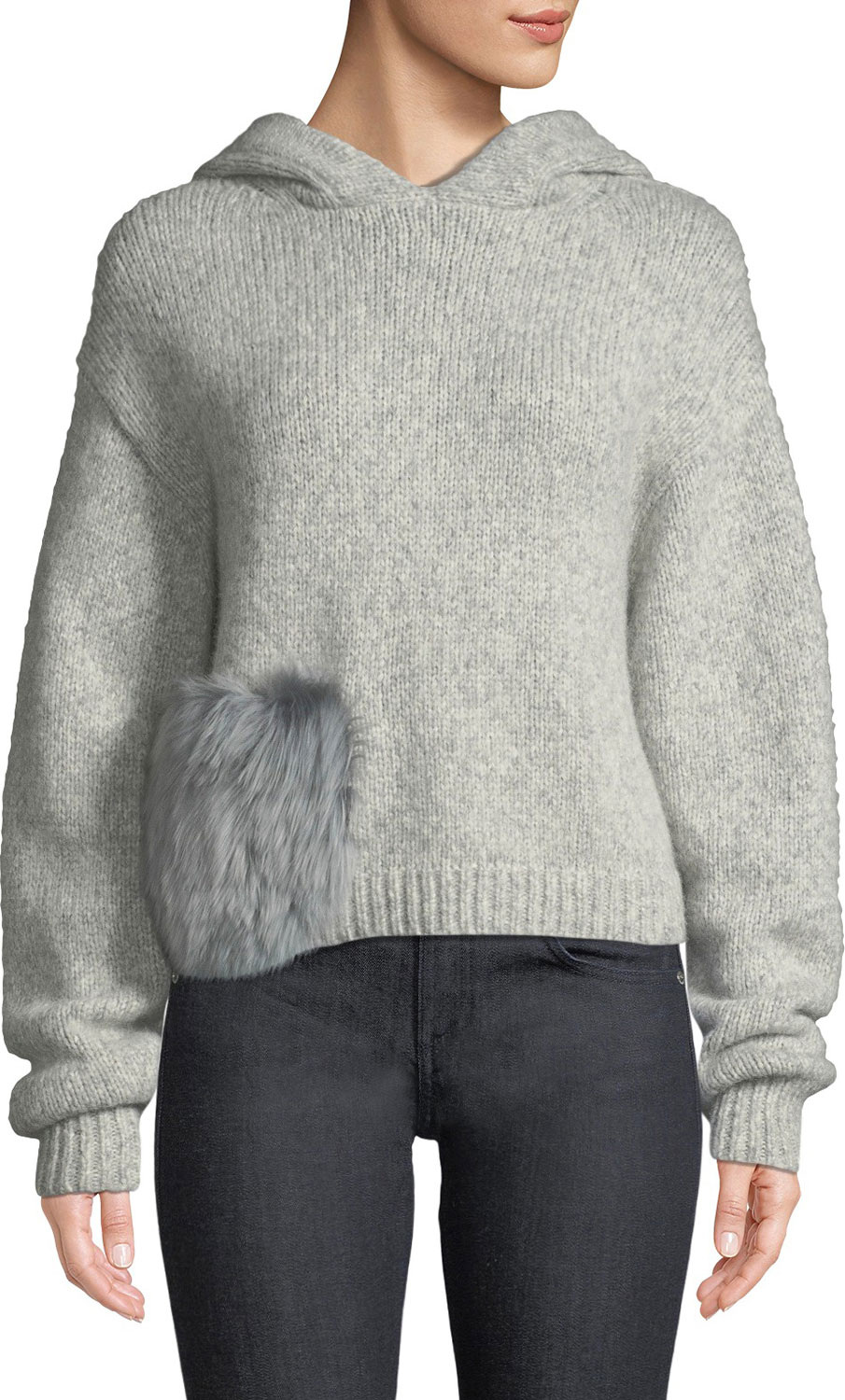 Tibi Alpaca Fur-Pocket Hooded Pullover Sweater