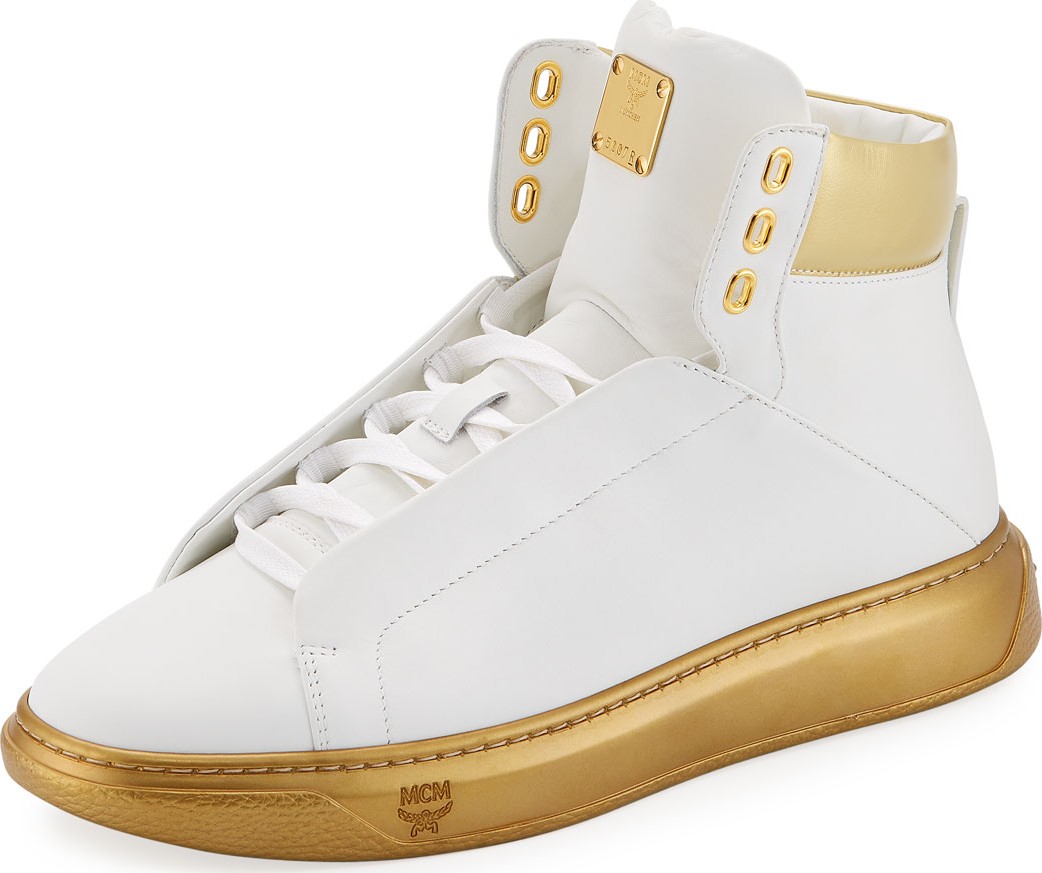 MCM Men's Visetos-Trim Leather High-Top Sneakers