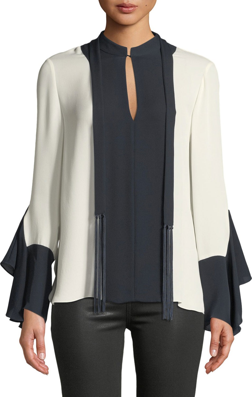 Elie Tahari Karissa Long-Sleeve Two-Tone Silk Blouse