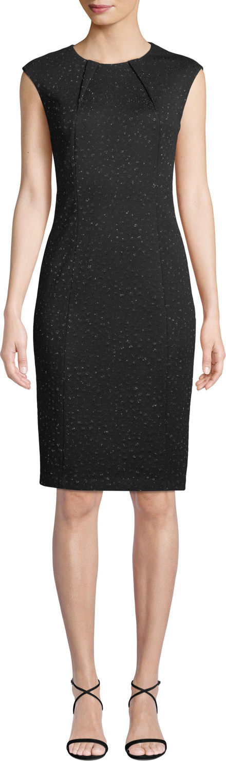 St. John Cap-Sleeve Blister-Knit Metallic Jacquard Cocktail Dress