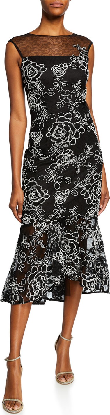 Rickie Freeman for Teri Jon Sleeveless Floral-Embroidered Lace Sheath Dress w/ Flounce Hem
