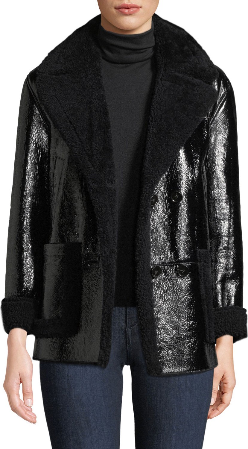 Theory Double-Breasted Patent Leather & Shearling Jacket