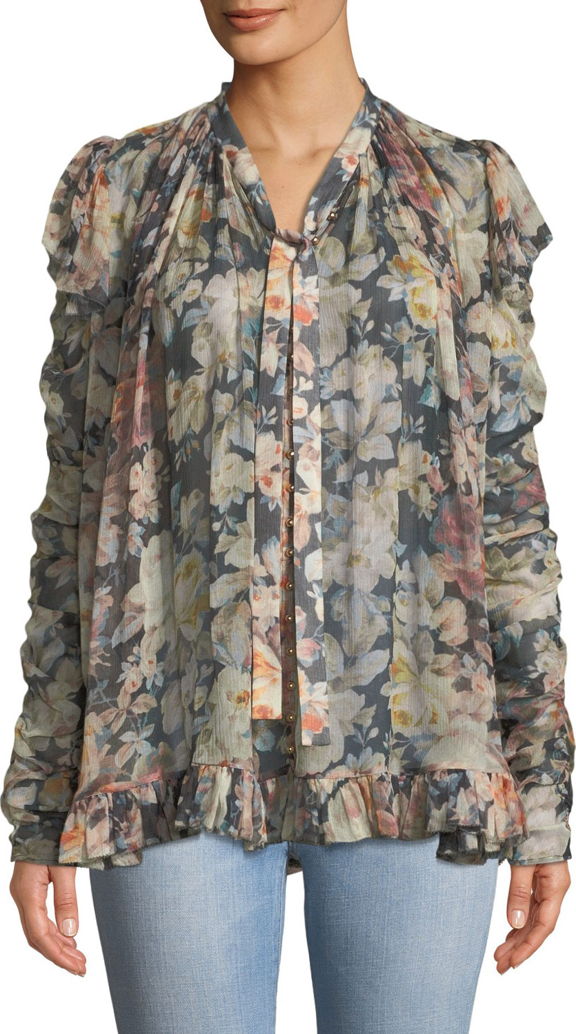 Zimmermann Tempest Frolic Floral-Print Tie-Neck Blouse