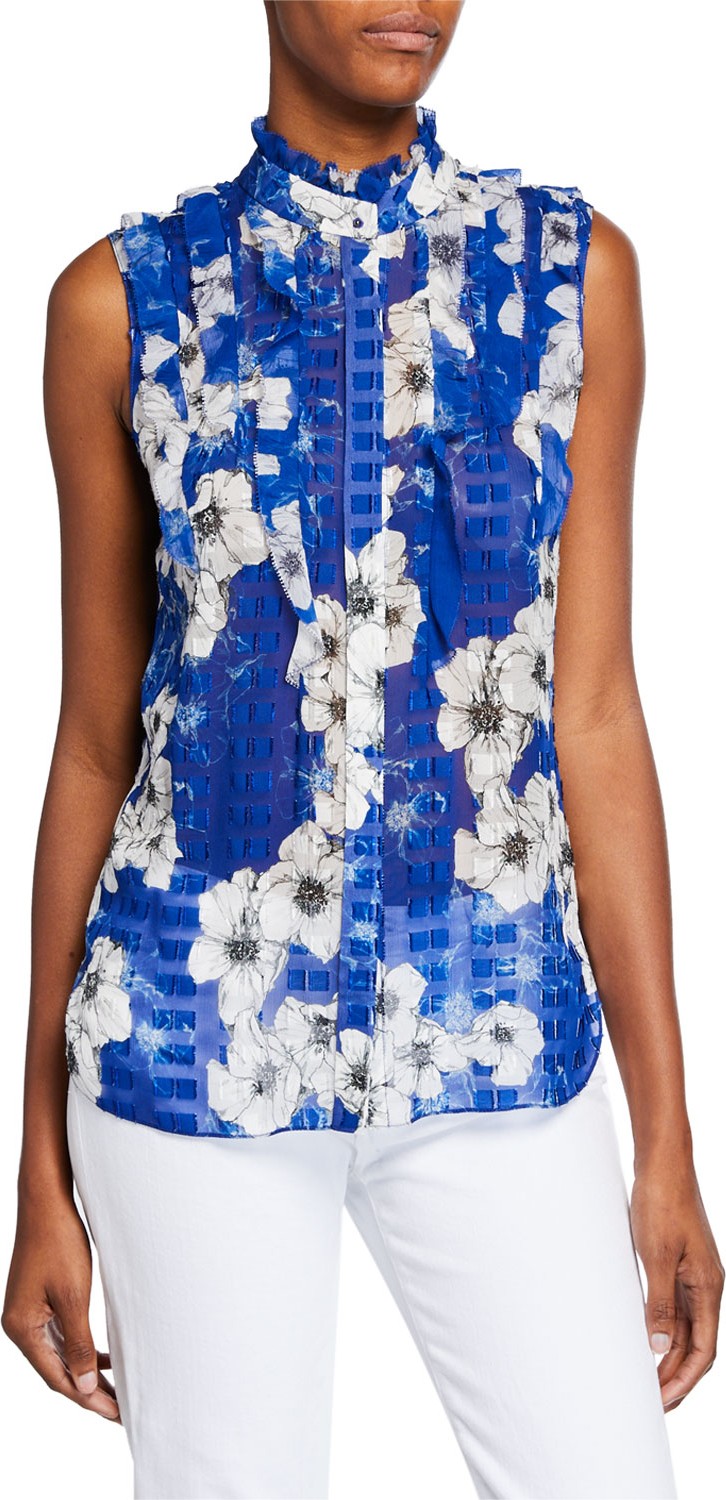 Elie Tahari Trixie Floral-Print Sleeveless Ruffle Blouse