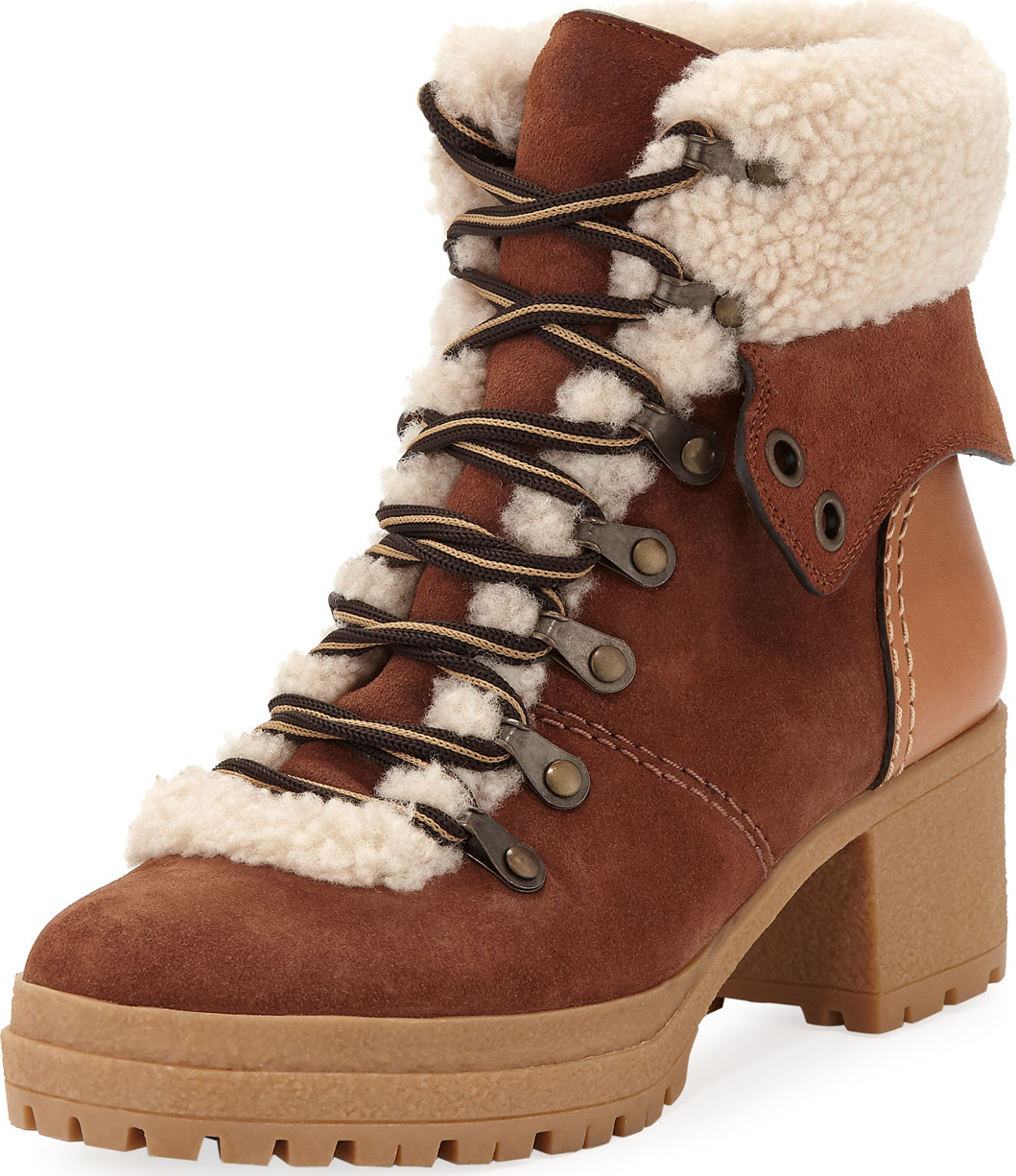 See By Chloé Fur-Lined Lace-Up Booties