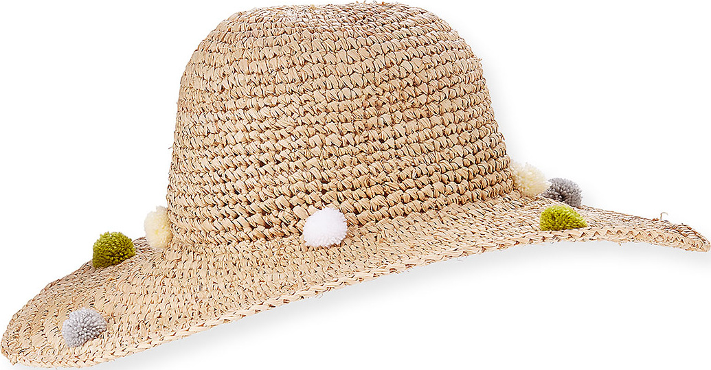 Tracy Watts Rosario Crochet Raffia Sun Hat w/ Pompoms