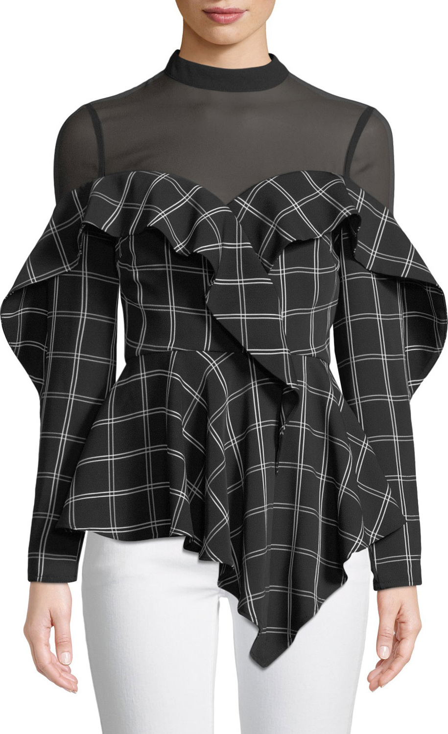 Self Portrait Long-Sleeve Check Ruffle Handkerchief Top