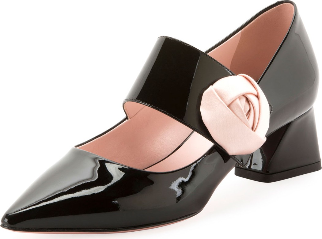 Roger Vivier Rose-Button Patent Mary Jane Pumps