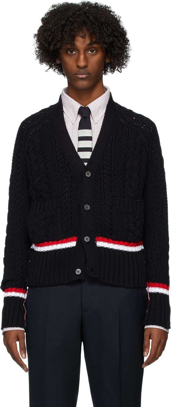 Thom Browne Navy Aran Cable V-Neck Cardigan