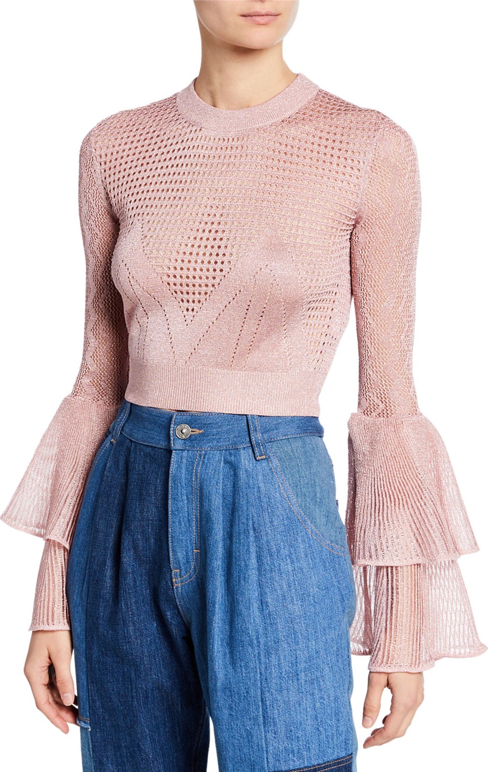 Self Portrait Cropped Metallic Knit Bell-Sleeve Top