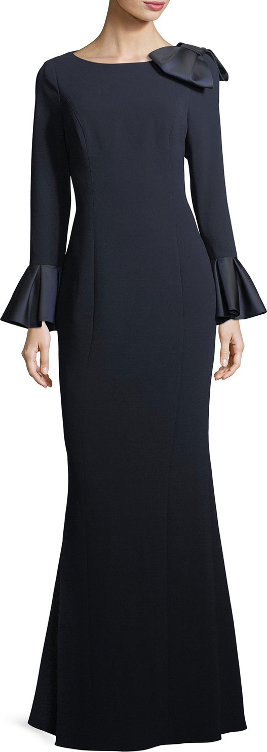 Rickie Freeman for Teri Jon Trumpet-Sleeve Crepe Column Evening Gown w/ Bow