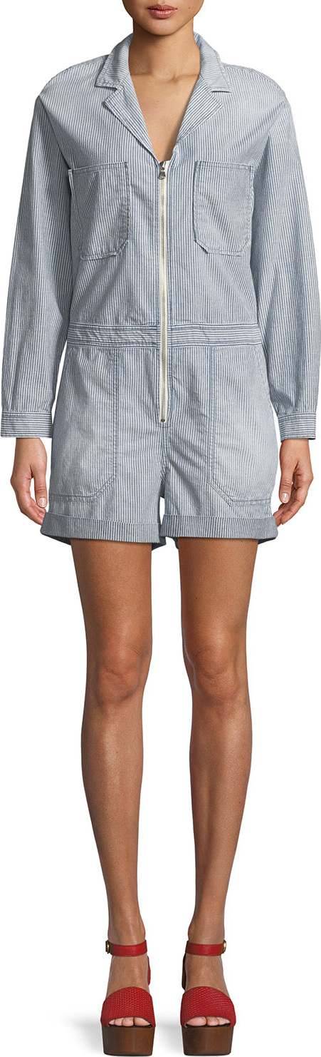 AG Jeans Rochelle Zip-Front Long-Sleeve Striped Chambray Romper