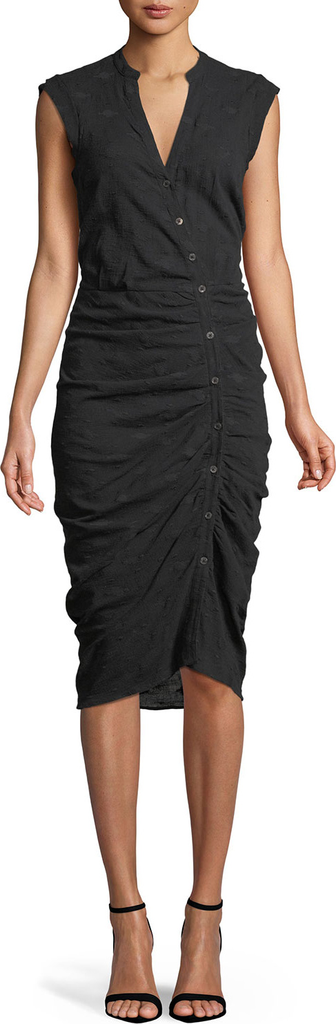 Veronica Beard Sleeveless Button-Down Ruched Dobby Cotton Shirtdress