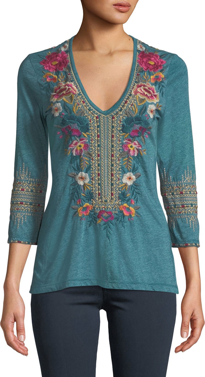 Johnny Was Katina 3/4-Sleeve Embroidered T-Shirt