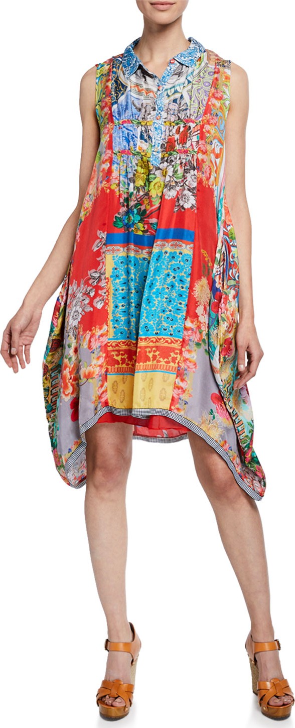 Johnny Was Sky Mix-Print Sleeveless A-Line Silk Twill Dress