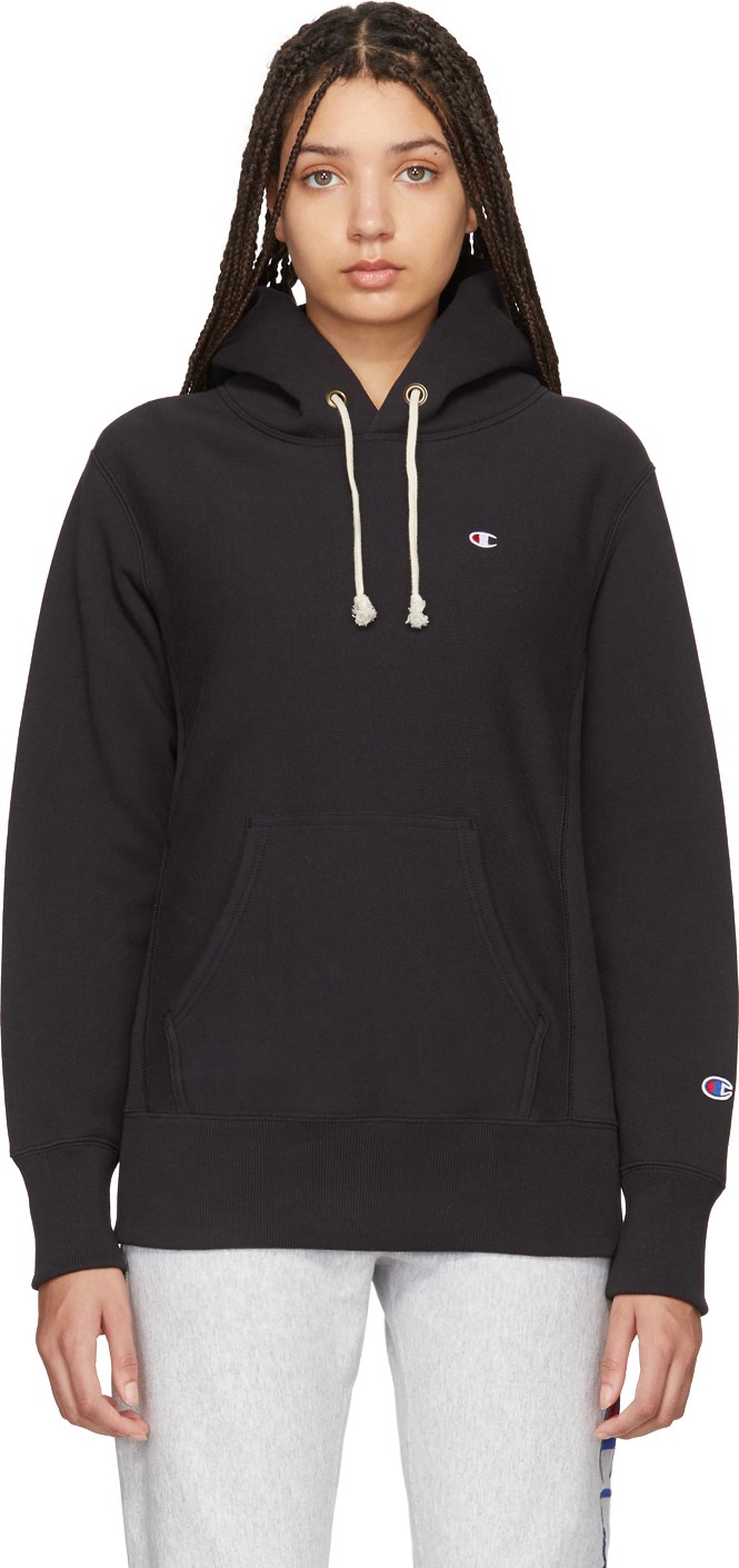 Champion Reverse Weave Black Logo Hoodie
