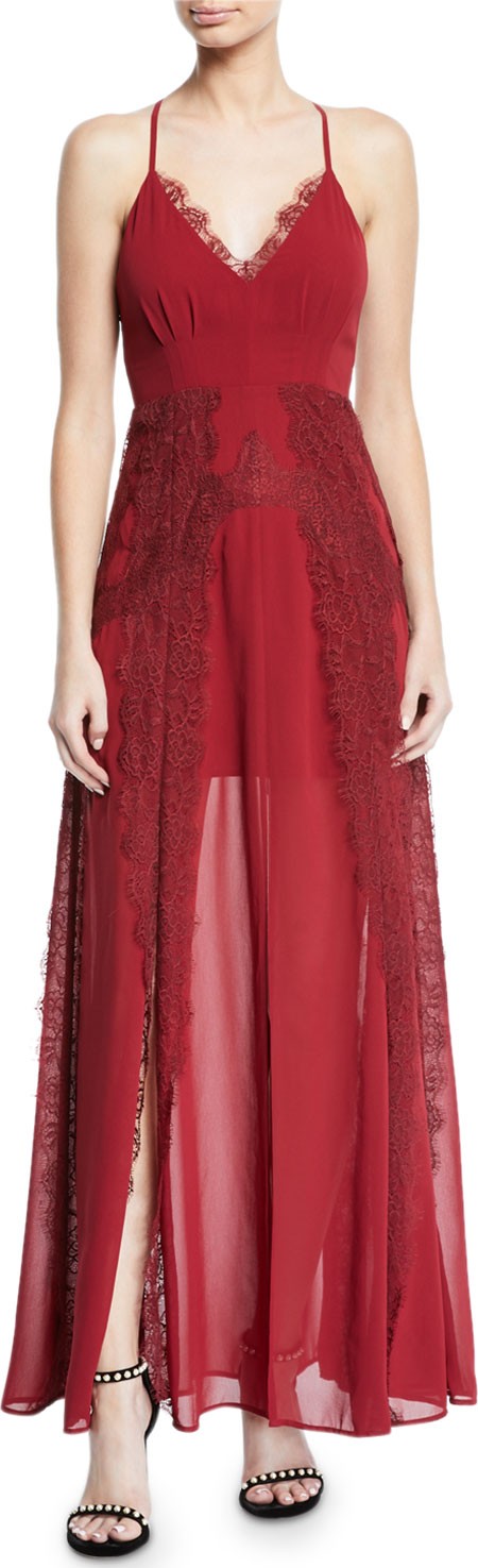 Aijek Lavinia Chiffon & Lace Maxi Dress