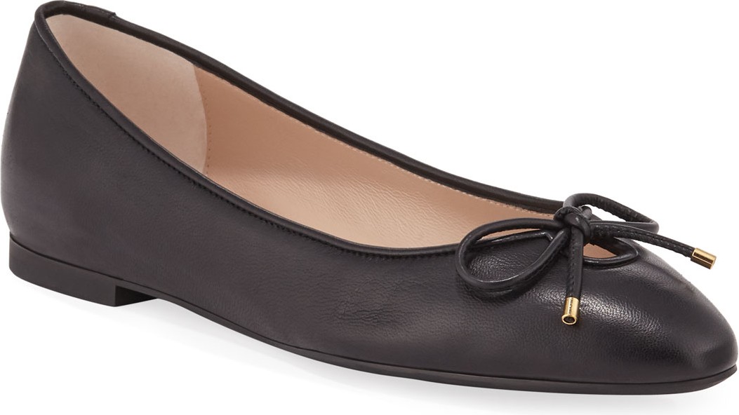 Stuart Weitzman Gabby Leather Keyhole Bow Flats  Black