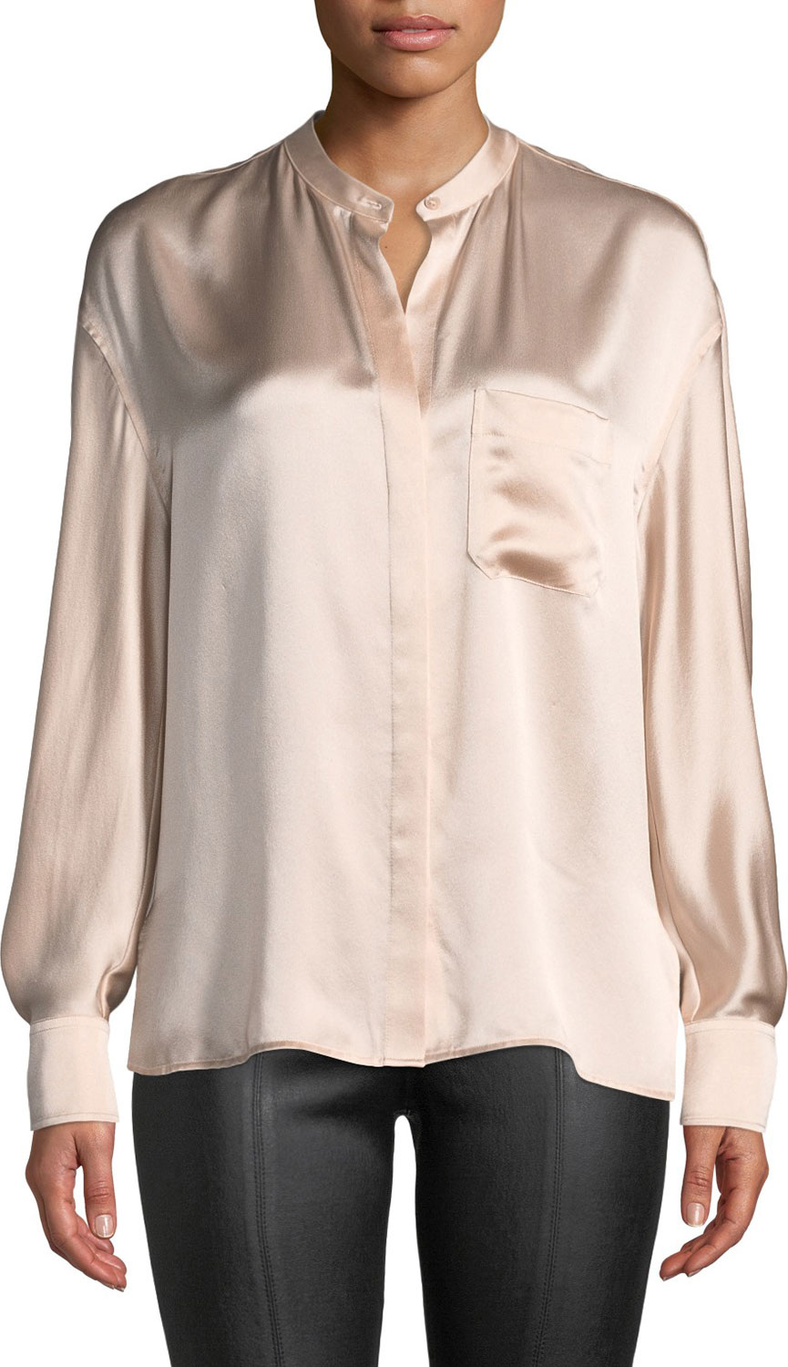 Vince Silk Single-Pocket Long-Sleeve Blouse