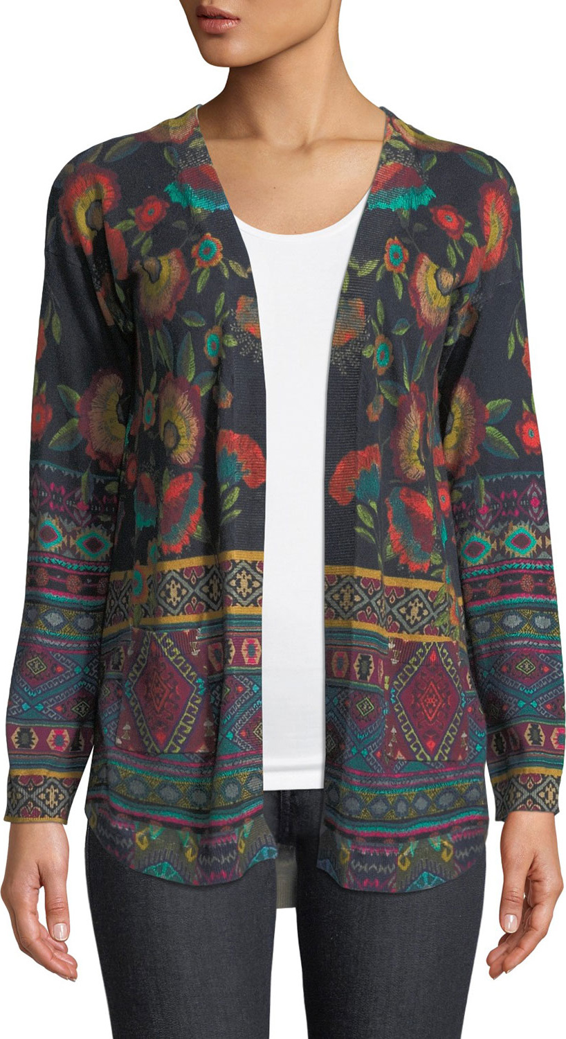 Johnny Was Long-Sleeve Printed Cotton/Cashmere Cardigan Sweater