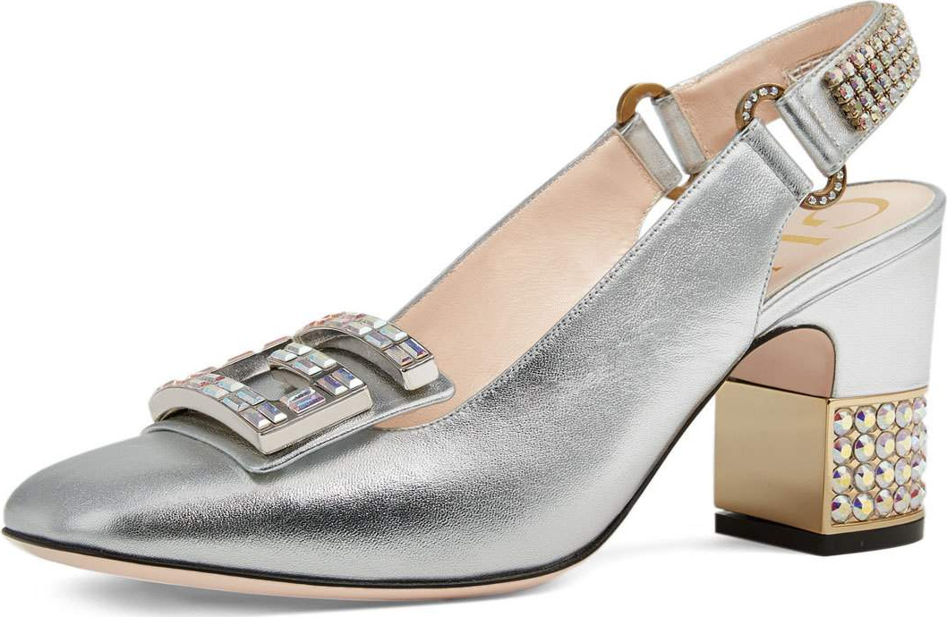 Gucci Madelyn Metallic Leather Slingback Pump with Crystal G