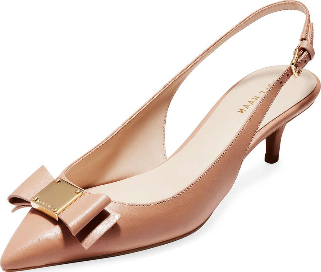 Cole Haan Tali Grand Bow Kitten-Heel Leather Pumps, Nude