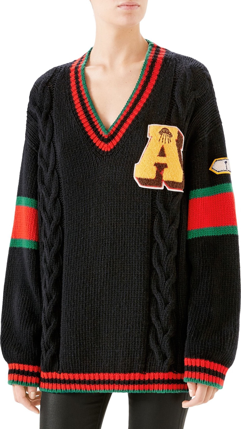Gucci Cable Knit Wool Varsity Sweater