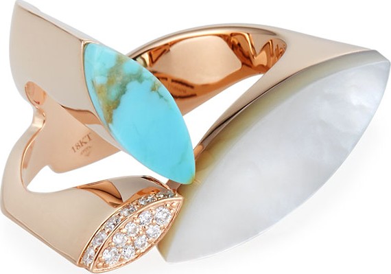 Roberto Coin Petals 18k Rose Gold Turquoise, Diamond & Mother-of-Pearl Ring, Size 6.5