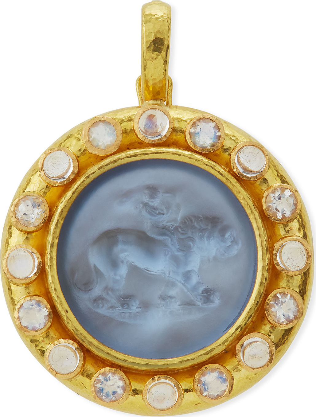 Elizabeth Locke Cupid Riding Lion Venetian Glass Intaglio Pendant, Cerulean