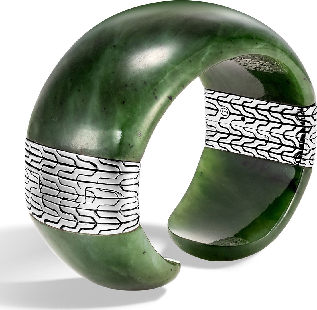 John Hardy Classic Chain Wide Silver Flex Kick Cuff Bracelet with Green Jade, Size S