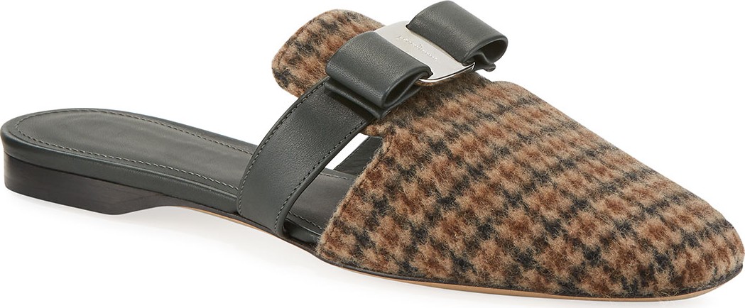 Salvatore Ferragamo Briza Houndstooth Leather Bow Mules