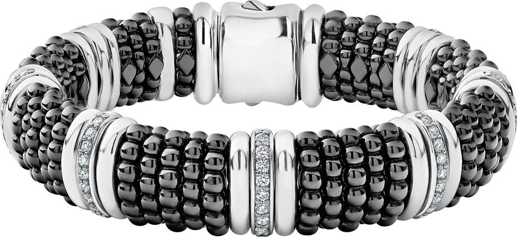 LAGOS Black Caviar Silver Diamond Link Bracelet, 15mm, Size M